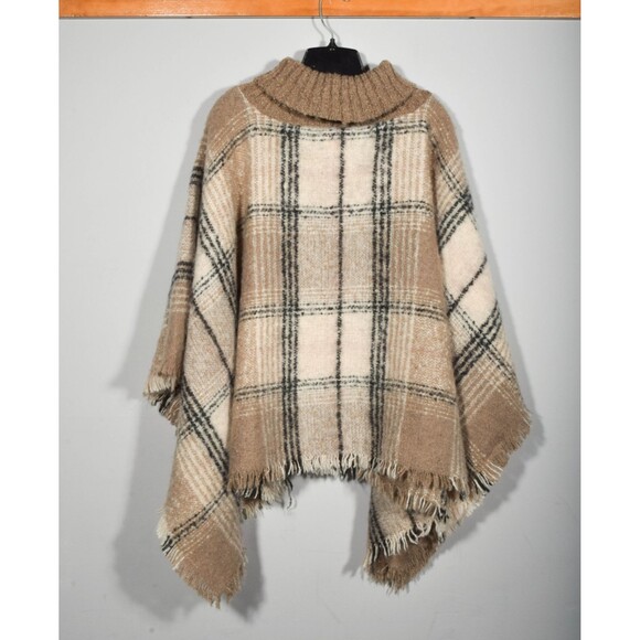 World Market Brown Windowpane Turtleneck Pullover Boucle Poncho Sweater One Size - Picture 3 of 4